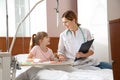 Little child with intravenous drip drawing in hospital bed Royalty Free Stock Photo