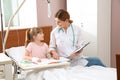 Little child with intravenous drip drawing in hospital bed Royalty Free Stock Photo