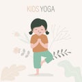 Little child keeps balance in tree pose. Female character practicing hatha yoga. Cute girl stands in vrikshasana Royalty Free Stock Photo