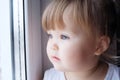 Little child looking out window. baby girl wanting to walk outdoors at rainy weather Royalty Free Stock Photo