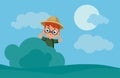 Explorer Boy Looking with Binoculars Hidden in Nature Vector Cartoon