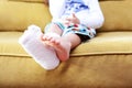 Little child with plaster bandage on leg heel fractured