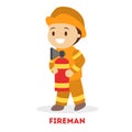 Little child play fireman. Kid firefighter in the uniform Royalty Free Stock Photo