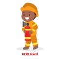 Little child play fireman. Kid firefighter in the uniform Royalty Free Stock Photo