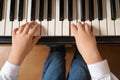 Little child playing piano, above view. Music lesson