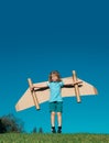 Little child plays astronaut or pilot. Child on the background of blue sky. Kids with paper wings jetpack dreams