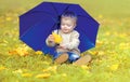 Little child sitting on grass with umbrella playing with yellow leafs in autumn