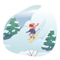 Little child skiing flat vector illustration. Smiling kid in warm clothes cartoon character. Royalty Free Stock Photo