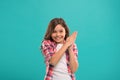 Little child smile excited with new idea stand over blue background. This is the point. Idea solution. Girl cute Royalty Free Stock Photo