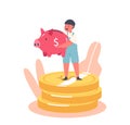 Little Child Stand on Huge Money Pile with Piggy Bank in Hands. Baby Character with Moneybox, Savings, Collecting Money Royalty Free Stock Photo
