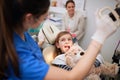 Little child at stomatology. Girl with dentist.Family Health teeth concept