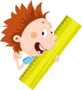 Little child, student - boy peeks out from the ruler illustration flat design Royalty Free Stock Photo