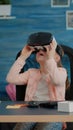 Little child studying with vr glasses for homework and online classes Royalty Free Stock Photo