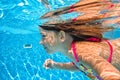 Little child swims underwater in swimming pool, happy active baby girl dives and has fun under water, kid fitness Royalty Free Stock Photo