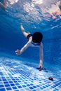 Little child swims underwater in swimming pool Royalty Free Stock Photo