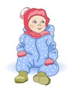Little child in winter clothes - blue overalls, red hat, scarf, mittens and boots Royalty Free Stock Photo
