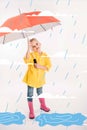 little child in yellow raincoat holding umbrella, rainy weather