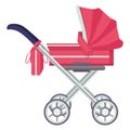 Little children baby carriage, concept child pram standing front, red perambulator cartoon vector illustration, isolated