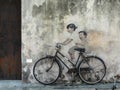 Little Children on a Bicycl. street art on wall by Lithuanian artist Ernest Zacharevic. George Town, Penang, Malaysia