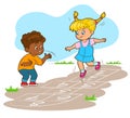 Little children, a boy and a girl, are jumping happily while playing hopscotch. Vector illustration in cartoon style Royalty Free Stock Photo