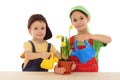 Little children caring for potted narcissus