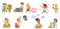 Little Children Carrying Money on Bank Deposit and Counting Cash Vector Set