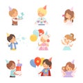 Little Children Celebrating Birthday Holding Festive Attributes Vector Illustrations Set