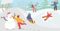 Little Children Characters Enjoying Snow Fun and Winter Holidays Festive Season. Happy Kids Making Snowman, Playing Royalty Free Stock Photo