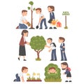 Little Children Engaged in School Gardening Watering and Planting Tree Vector Set