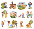 Little Children Enjoying Nature and Discovering Surrounding Environment Big Vector Set