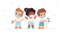 Little children in medical masks are struggling with coronavirus. Baby wash and disinfect hands. Concept of protection
