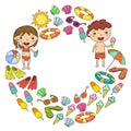 Little children play. Summer camp, beach, vacation. Kindergarten and preschool kids. Play, learn, grow together. Beach