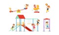 Little Children Playing at Playground Vector Illustrations Set. Careless Childhood Concept