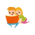 Little children reading book with fairy tales. Brother and sister spending time together. Happy childhood. Flat vector