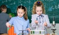 Little children. Science. Little kids scientist earning chemistry in school lab. biology experiments with microscope