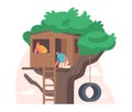 Little Children Sit on Tree House at Home Yard. Characters Playing on Child Playground, Treehouse with Wooden Ladder Royalty Free Stock Photo