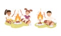 Little children sitting at bonfire set. Cute kids roasting sausages cartoon vector illustration