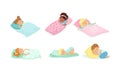 Little Children Sleeping Covered with Blanket Vector Set