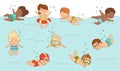 Little Children Swimming and Splashing in Water with Rubber Ring and Goggles Vector Illustration Royalty Free Stock Photo