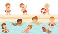 Little Children Swimming and Splashing in Water with Rubber Ring Vector Illustration Royalty Free Stock Photo