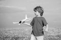 Little children with toy airplane in a field at sunset. Success and child leader concept. Boy dreams of becoming a pilot Royalty Free Stock Photo