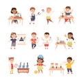 Little Children Working on Physics Science Experiment Vector Set