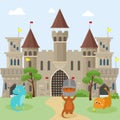 Little childrens dragons play near medieval knights castles vector illustration. Cute funny kids dinosaurs dragons funny