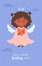 Little Christmas angel ethnic black girl with heart. vertical postcard in cartoon style. Vector illustration. Cute new Royalty Free Stock Photo