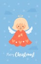 Little Christmas angel girl. Merry Christmas postcard in cartoon style. Vector vertical illustration. Cute new year kids Royalty Free Stock Photo