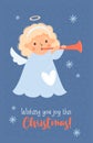 Little Christmas angel girl with trumpet and holiday greeting. Vector vertical illustration in cartoon style. Cute Xmas Royalty Free Stock Photo