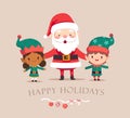 Little Christmas elves and Santa Claus together. Multicultural Little Santa's helpers and Santa Claus Set