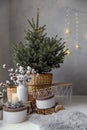 Little Christmas tree with fairy lights in interior