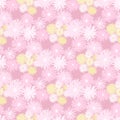 Little chrysanthemum figures seamless random pattern. Pastel lilac background with light, yellow and pink elements