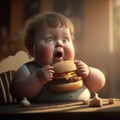 Little chubby baby boy is eating a hamburger, 3D. Generative AI